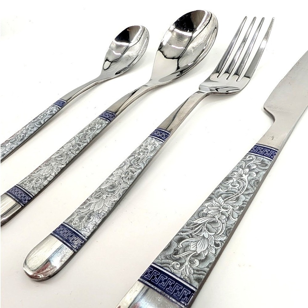 Stainless Steel 430 Flatware Set Blue White Floral Greek Key Pattern 4 Piece